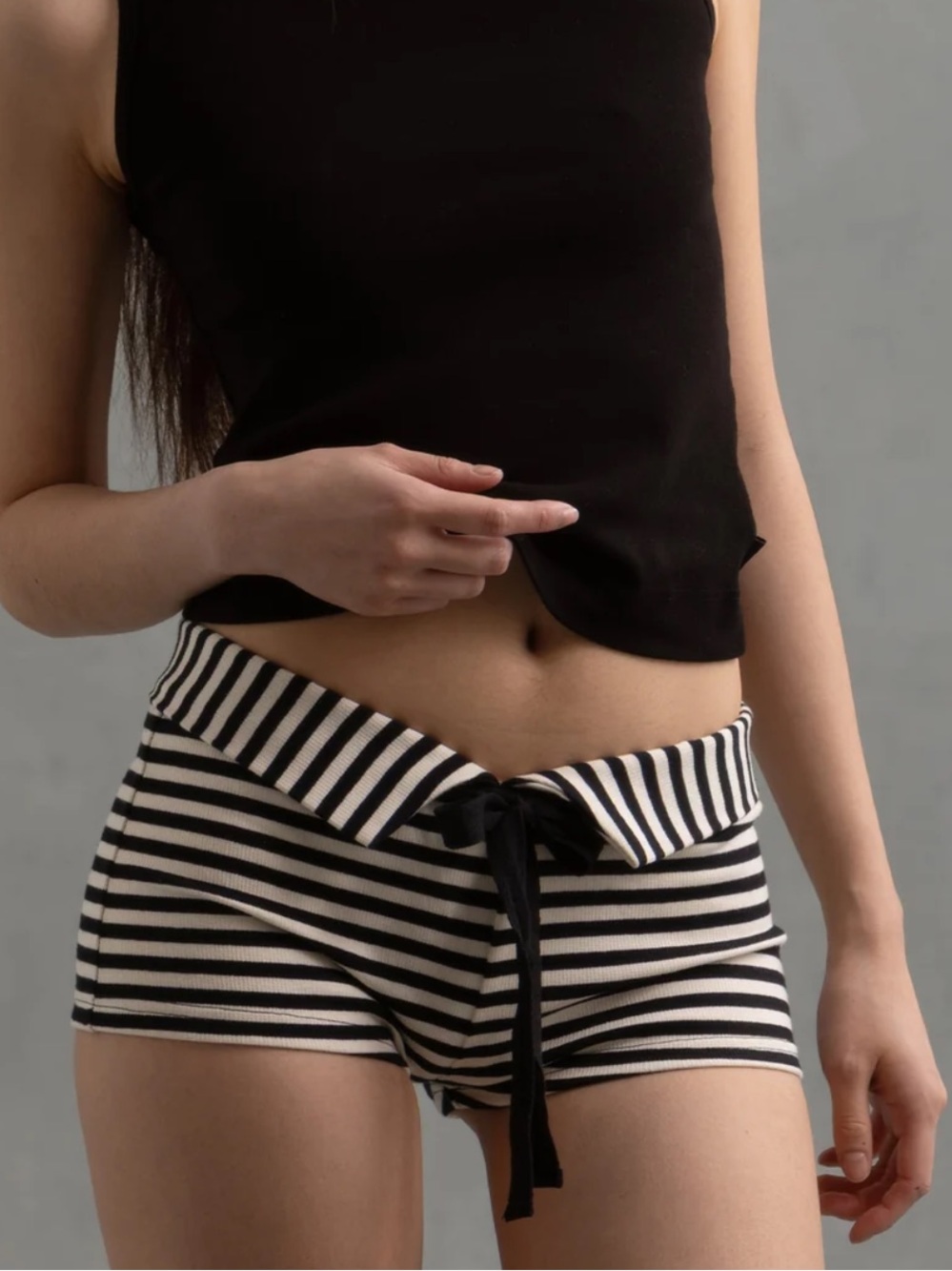 UNIF Black & White Striped Fold-Over Waist Bike Shorts
